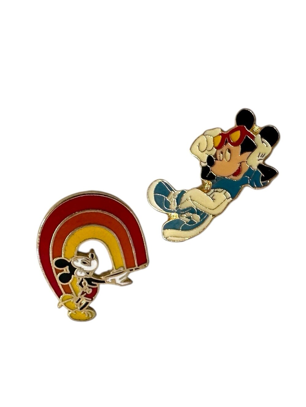 Lot Of 2 Vintage Walt Disney Mickey Mouse Lapel Pin Laying Down Painting Rainbow